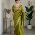 Green Fendy Satin Silk Party Wear Saree with Embroidered Cutwork Border full look
