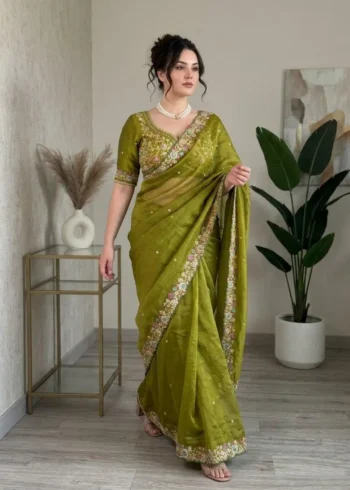 Green Fendy Satin Silk Party Wear Saree with Embroidered Cutwork Border full look
