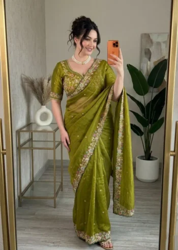 Green Fendy Satin Silk Party Wear Saree with Embroidered Cutwork Border front look