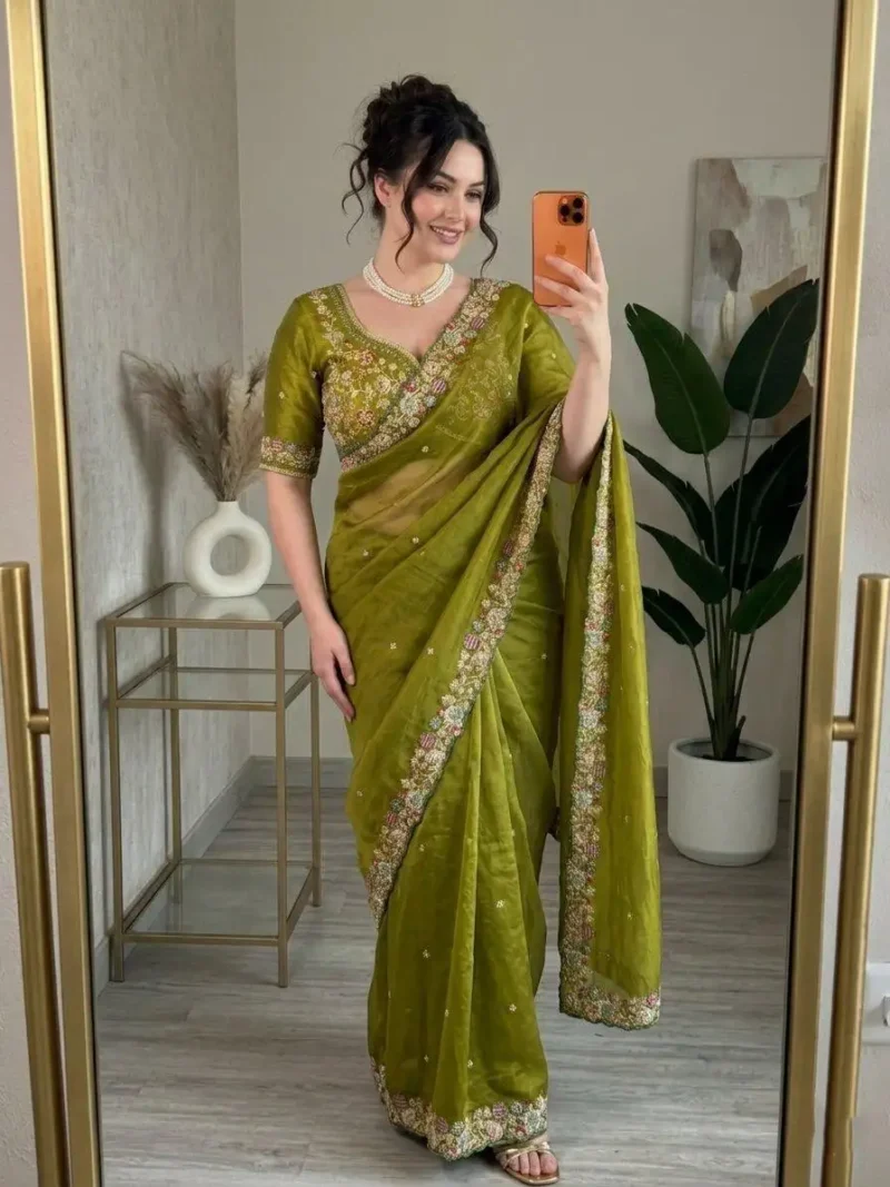 Green Fendy Satin Silk Party Wear Saree with Embroidered Cutwork Border front look
