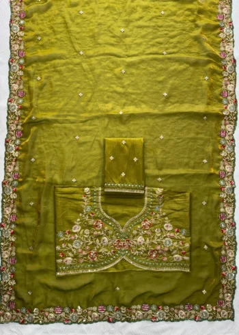Green Fendy Satin Silk Party Wear Saree with Embroidered Cutwork Border live saree
