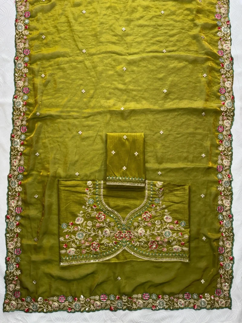 Green Fendy Satin Silk Party Wear Saree with Embroidered Cutwork Border live saree