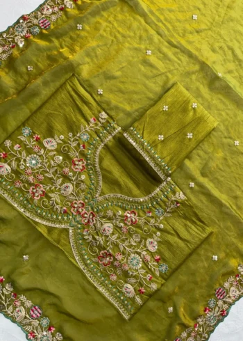 Green Fendy Satin Silk Party Wear Saree with Embroidered Cutwork Border blouse open