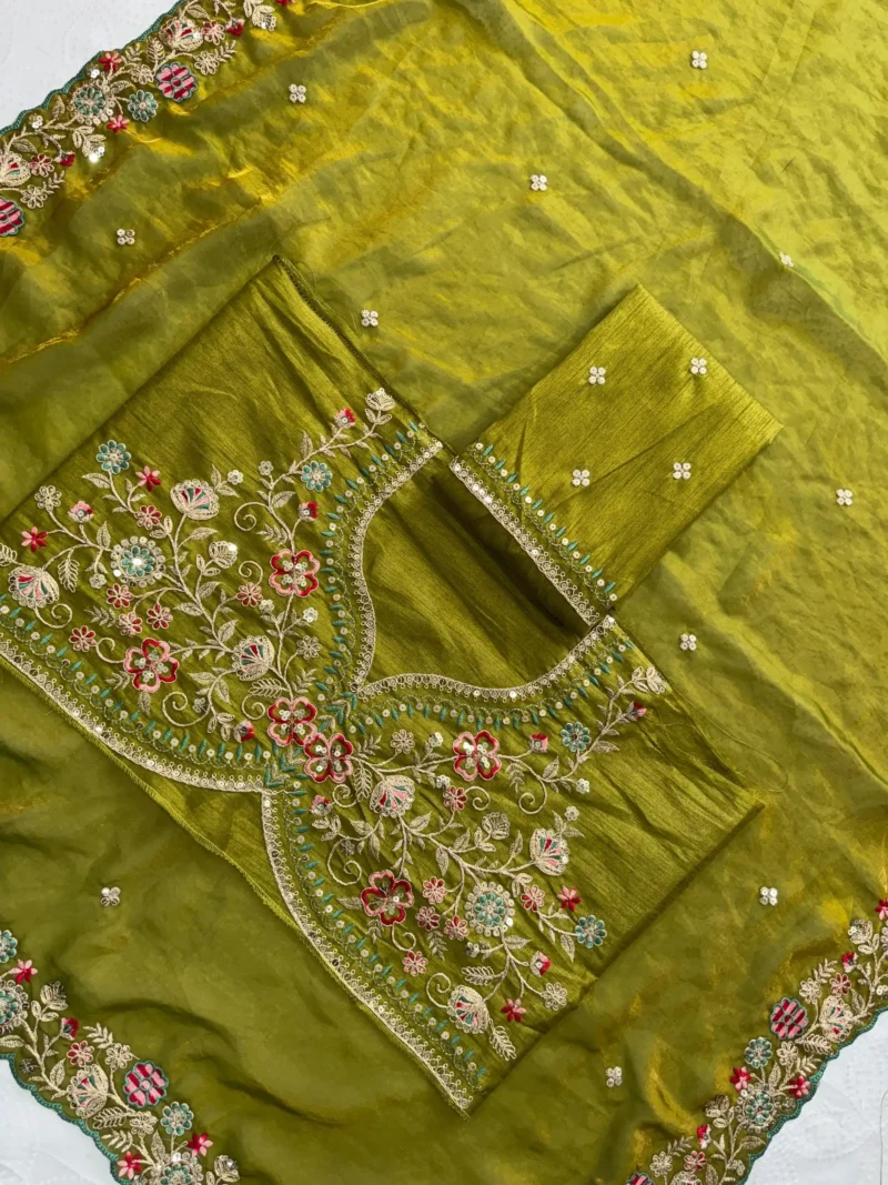 Green Fendy Satin Silk Party Wear Saree with Embroidered Cutwork Border blouse open