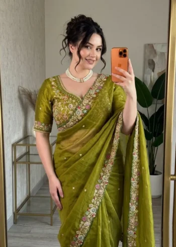 Green Fendy Satin Silk Party Wear Saree with Embroidered Cutwork Border selfie