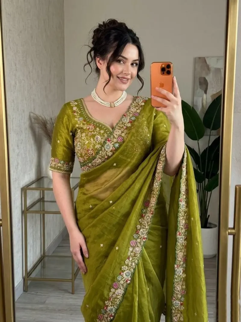 Green Fendy Satin Silk Party Wear Saree with Embroidered Cutwork Border selfie