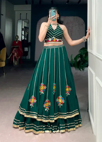 Green Navratri Lehenga with Gamthi Work and Mirror Detailing front look