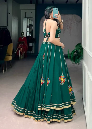 Green Navratri Lehenga with Gamthi Work and Mirror Detailing back design