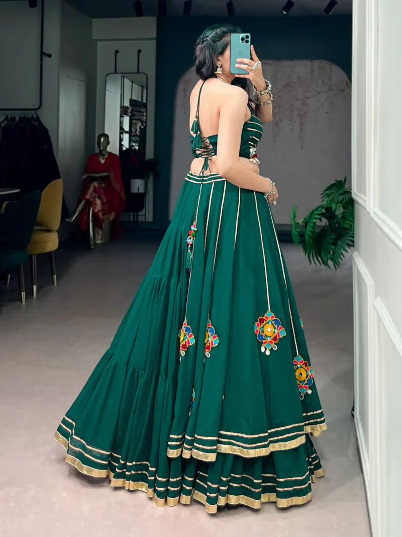 Green Navratri Lehenga with Gamthi Work and Mirror Detailing back design