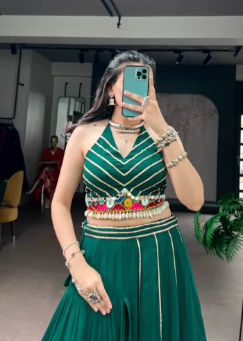 Green Navratri Lehenga with Gamthi Work and Mirror Detailing close look