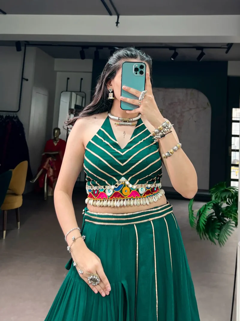 Green Navratri Lehenga with Gamthi Work and Mirror Detailing close look