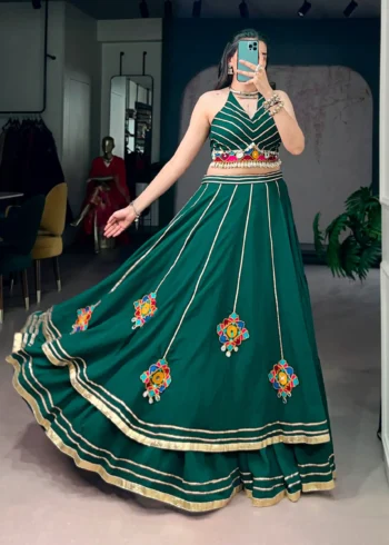 Green Navratri Lehenga with Gamthi Work and Mirror Detailing flair