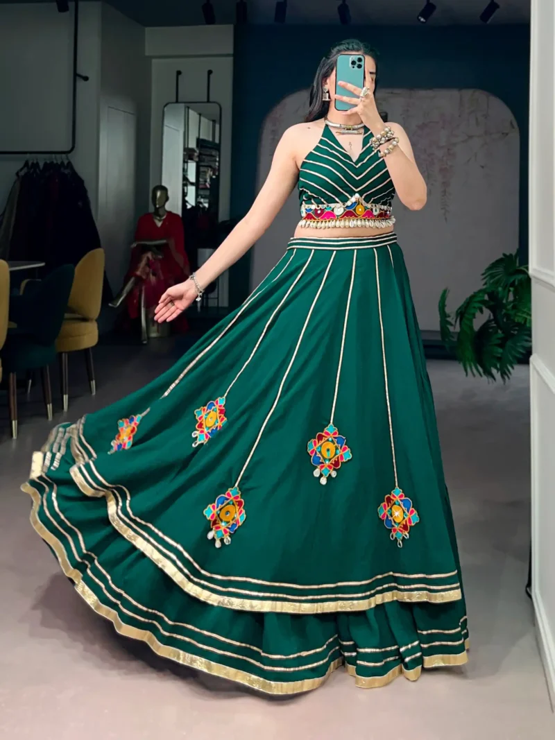 Green Navratri Lehenga with Gamthi Work and Mirror Detailing flair