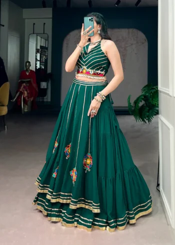 Green Navratri Lehenga with Gamthi Work and Mirror Detailing side look