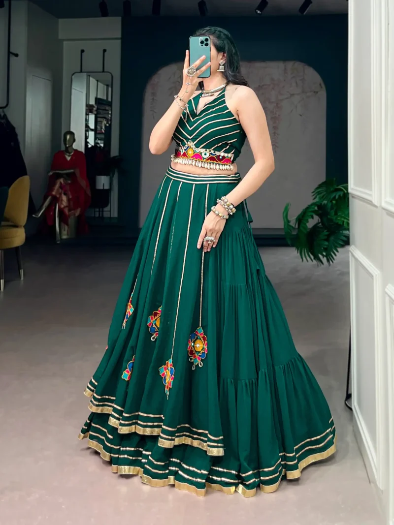 Green Navratri Lehenga with Gamthi Work and Mirror Detailing side look