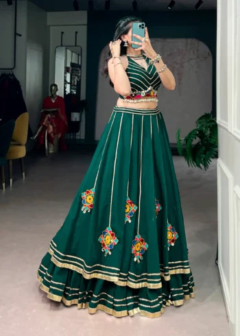 Green Navratri Lehenga with Gamthi Work and Mirror Detailing