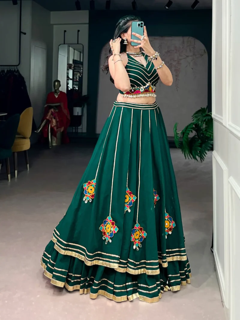Green Navratri Lehenga with Gamthi Work and Mirror Detailing