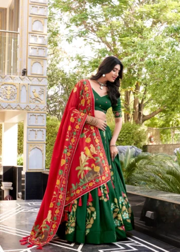 Green Tasar Silk Printed South Indian Lehenga with Foil Work side look