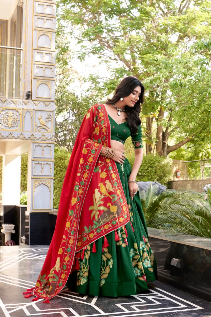 Green Tasar Silk Printed South Indian Lehenga with Foil Work side look