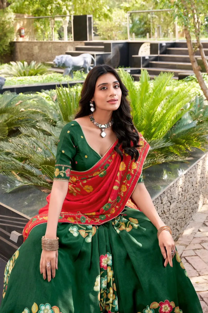 Green Tasar Silk Printed South Indian Lehenga with Foil Work Close look