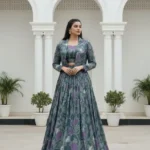 Grey Tasar Silk Co-ord Lehenga with Printed Blouse and Koti front look