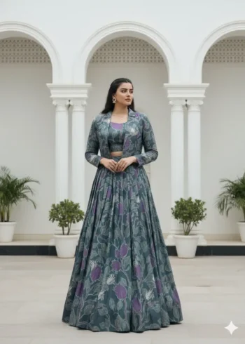 Grey Tasar Silk Co-ord Lehenga with Printed Blouse and Koti front look