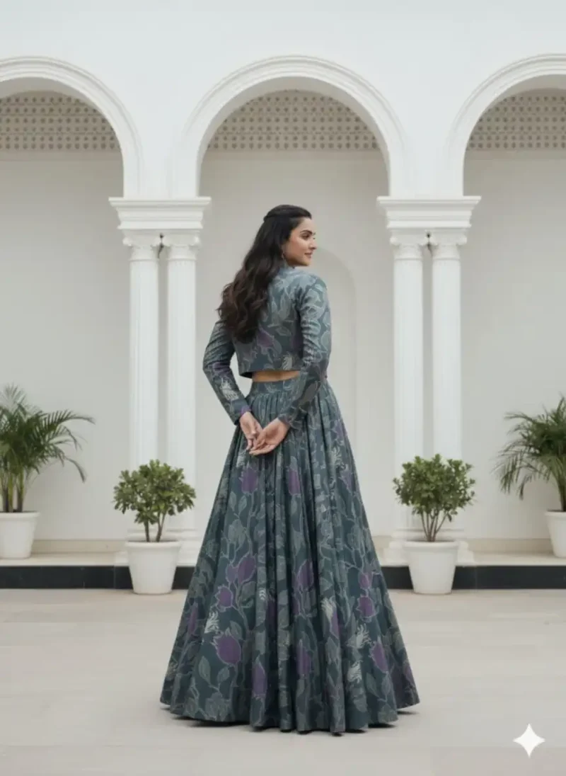 Grey Tasar Silk Co-ord Lehenga with Printed Blouse and Koti back design