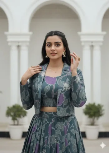 Grey Tasar Silk Co-ord Lehenga with Printed Blouse and Koti close look