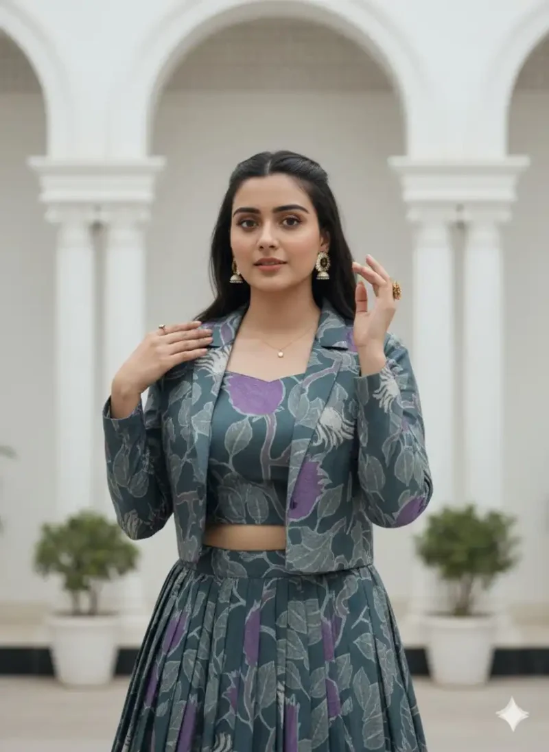 Grey Tasar Silk Co-ord Lehenga with Printed Blouse and Koti close look