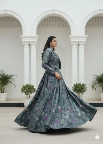 Grey Tasar Silk Co-ord Lehenga with Printed Blouse and Koti side look with flair