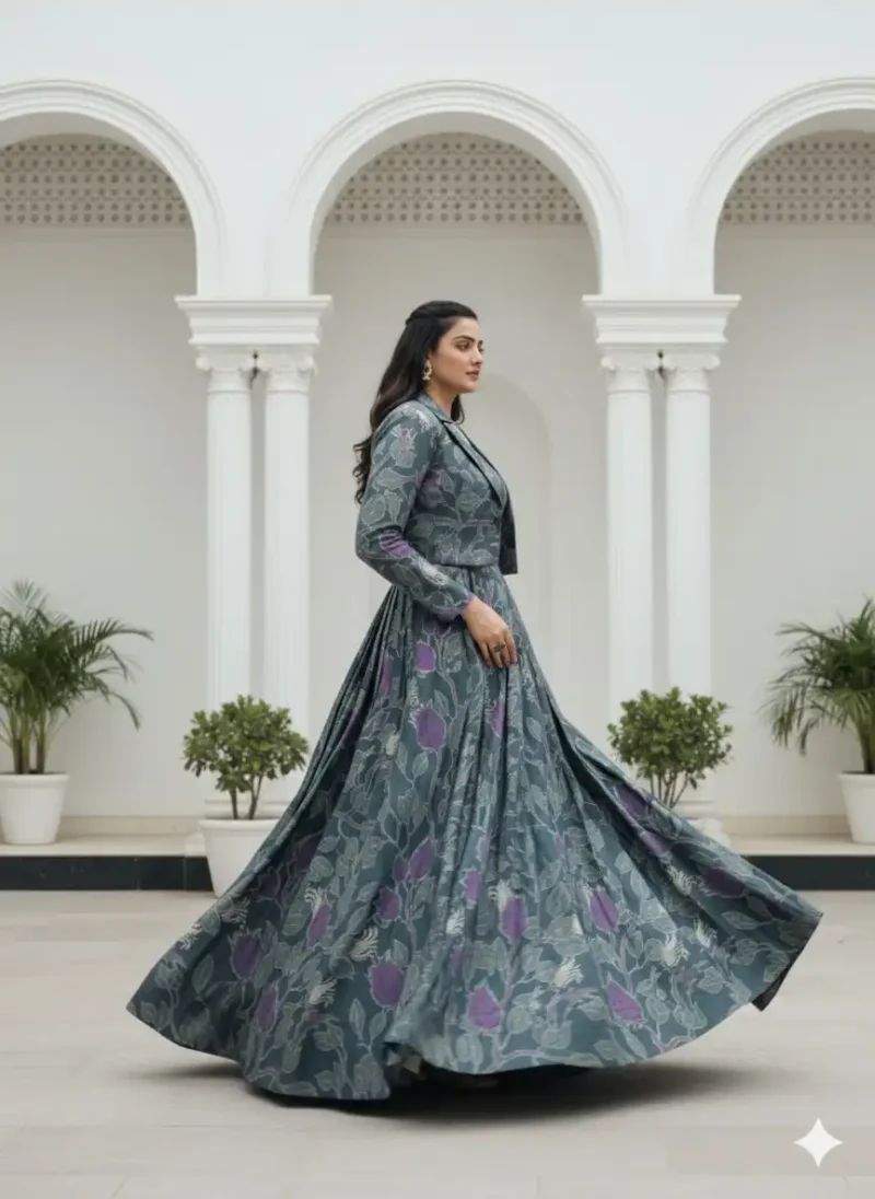 Grey Tasar Silk Co-ord Lehenga with Printed Blouse and Koti side look with flair