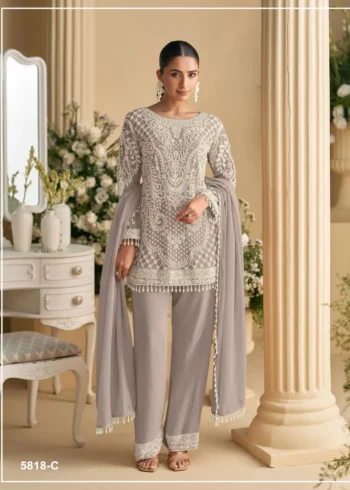 Brown Heavy Embroidered Pakistani Palazzo Suit with Fox Georgette Dupatta