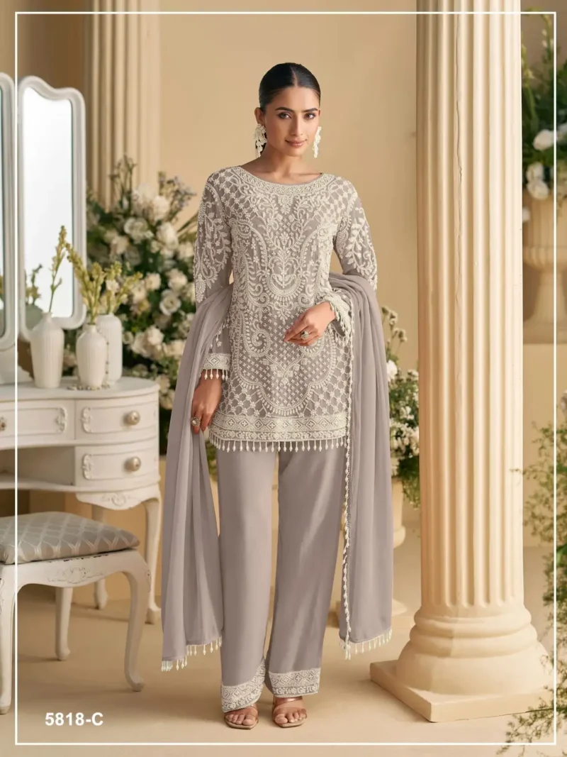 Brown Heavy Embroidered Pakistani Palazzo Suit with Fox Georgette Dupatta