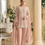 Peach Heavy Embroidered Pakistani Palazzo Suit with Fox Georgette Dupatta