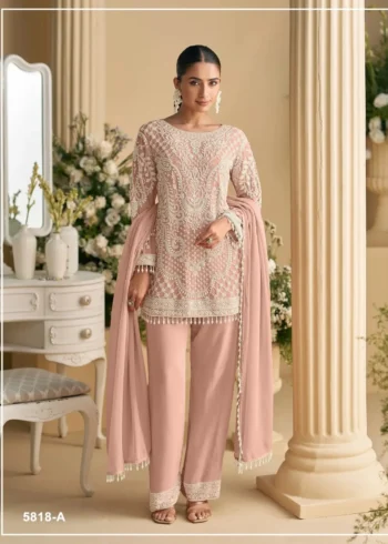 Peach Heavy Embroidered Pakistani Palazzo Suit with Fox Georgette Dupatta