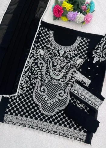 Black Heavy Embroidered Pakistani Palazzo Suit with Fox Georgette Dupatta