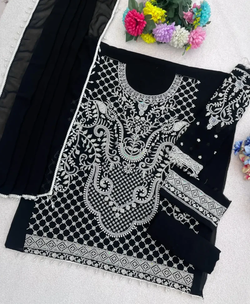 Black Heavy Embroidered Pakistani Palazzo Suit with Fox Georgette Dupatta