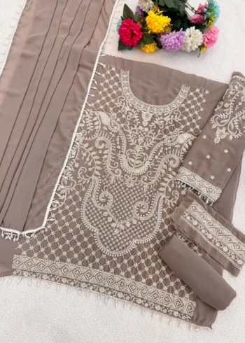 Brown Heavy Embroidered Pakistani Palazzo Suit with Fox Georgette Dupatta live image