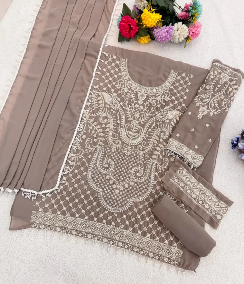 Brown Heavy Embroidered Pakistani Palazzo Suit with Fox Georgette Dupatta live image