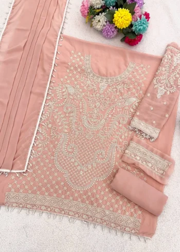 Peach Heavy Embroidered Pakistani Palazzo Suit with Fox Georgette Dupatta live