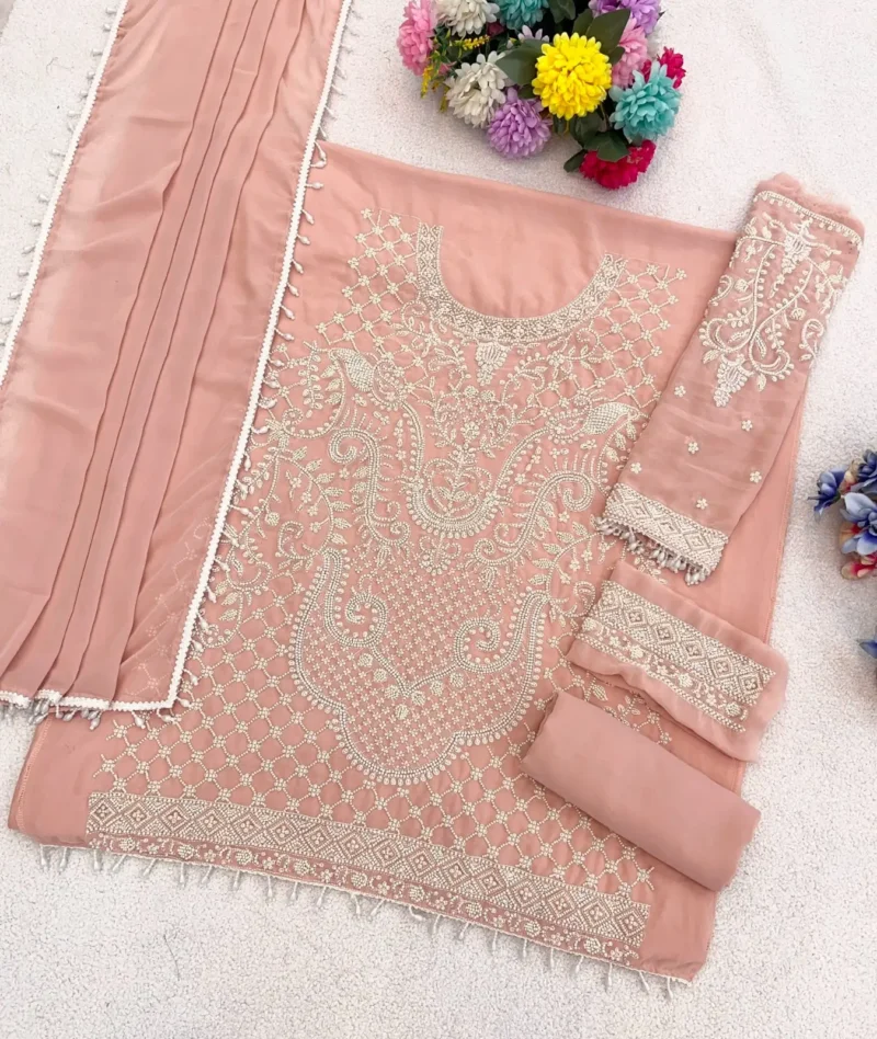 Peach Heavy Embroidered Pakistani Palazzo Suit with Fox Georgette Dupatta live
