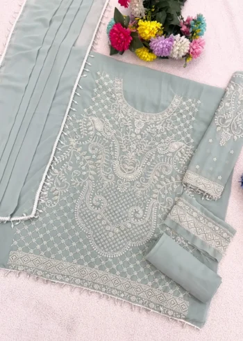 Sky blue Heavy Embroidered Pakistani Palazzo Suit with Fox Georgette Dupatta live image