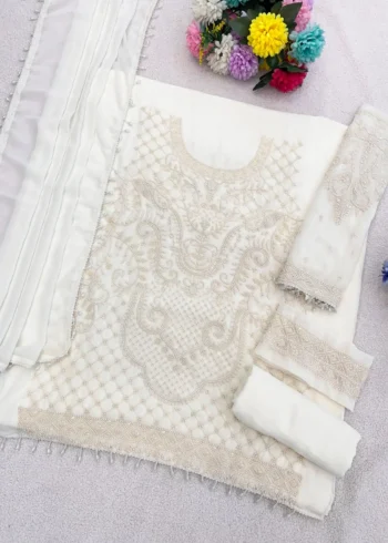 White Heavy Embroidered Pakistani Palazzo Suit with Fox Georgette Dupatta live image