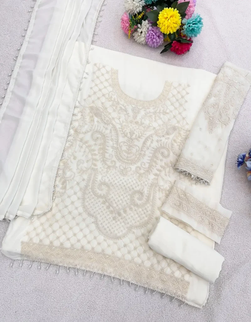 White Heavy Embroidered Pakistani Palazzo Suit with Fox Georgette Dupatta live image