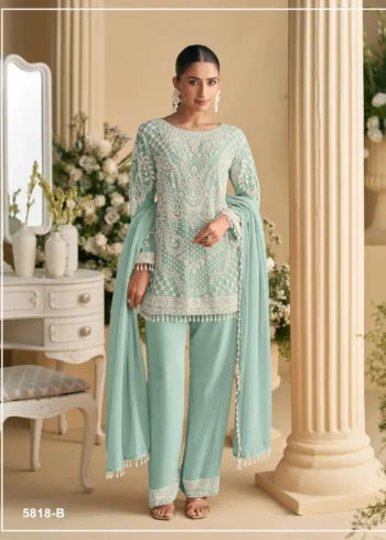 Sky blue Heavy Embroidered Pakistani Palazzo Suit with Fox Georgette Dupatta