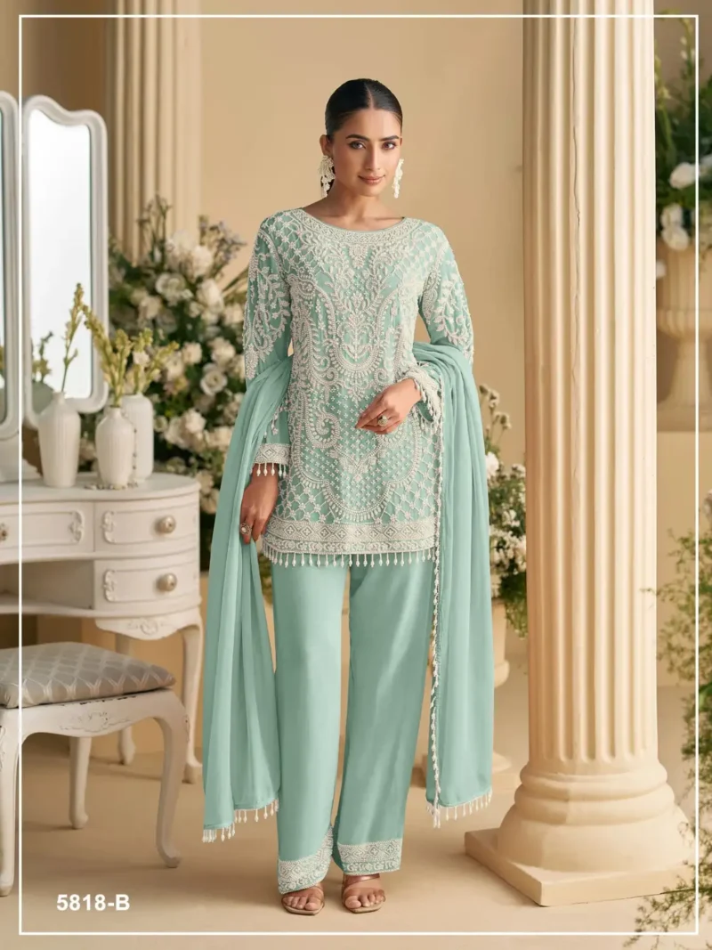 Sky blue Heavy Embroidered Pakistani Palazzo Suit with Fox Georgette Dupatta