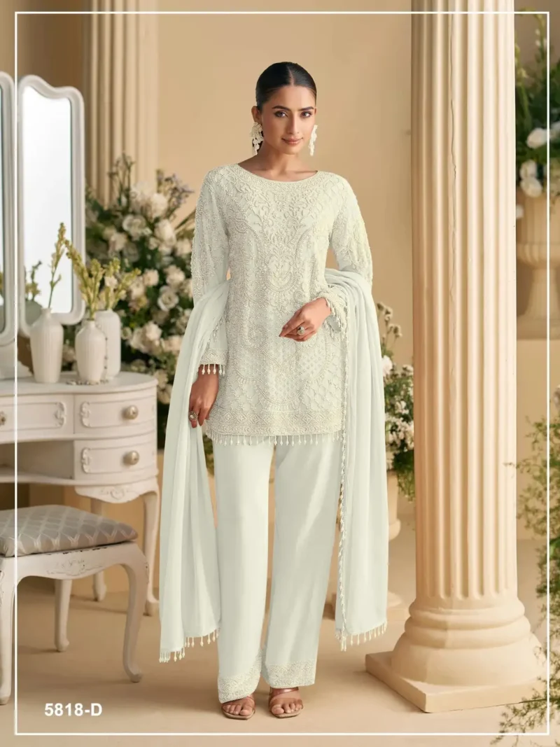 White Heavy Embroidered Pakistani Palazzo Suit with Fox Georgette Dupatta
