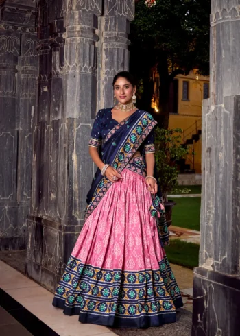Baby Pink Ikkat Print Tasar Silk Half Saree Lehenga with Embroidery front look