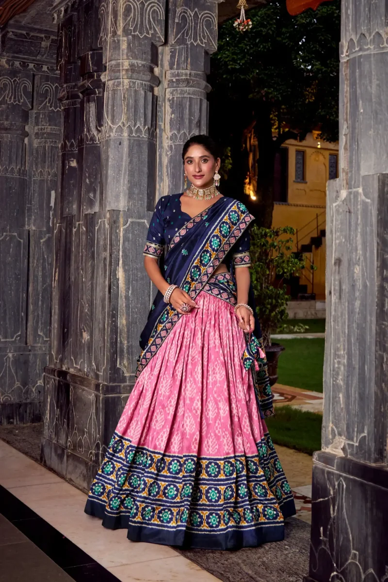 Baby Pink Ikkat Print Tasar Silk Half Saree Lehenga with Embroidery front look