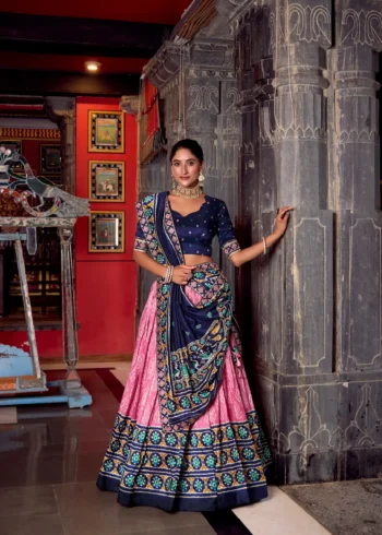 Baby Pink Ikkat Print Tasar Silk Half Saree Lehenga with Embroidery full front look